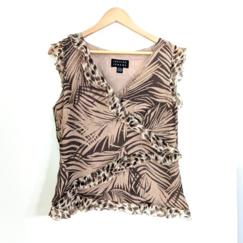 Like New Spenser Jeremy 100% Silk Tropical Leaf Sleeveless Ruffle Top‎ Size L